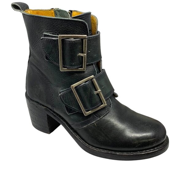 Frye Sabrina Black Leather Double Buckle Ankle Boots‎ - Picture 2 of 12